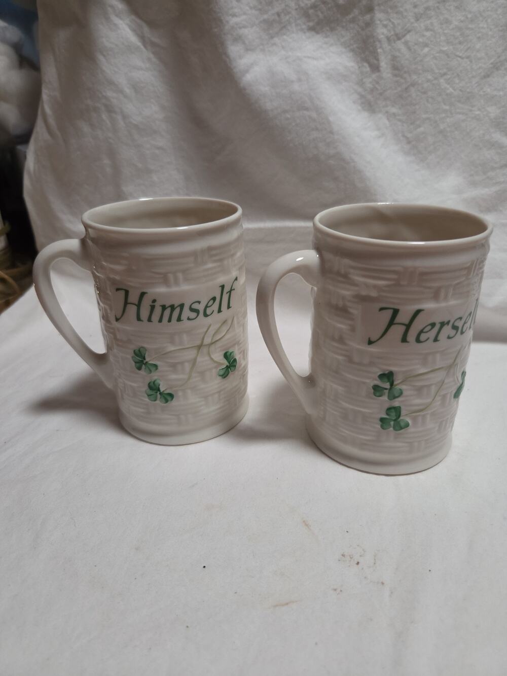 PAIR OF BELLEEK HERSELF AND HIMSELF COFFEE MUGS NEW